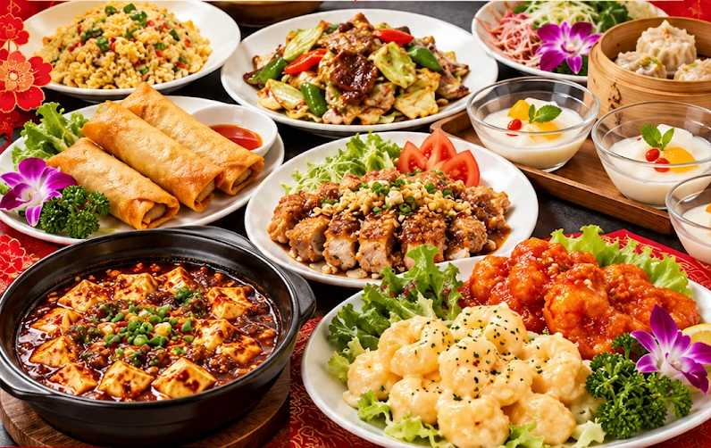 静香園の料理写真。麻婆豆腐、春巻き、炒飯、海老料理などが並ぶ食卓